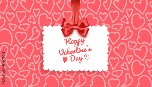 Happy Valentine's Day greeting card with place for your congratulations or wishes, on the background of a seamless pattern with hearts