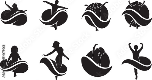 Silhouette of dancer in various poses with flowing ribbon