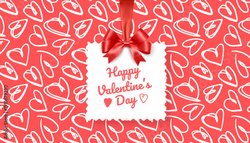 Happy Valentine's Day greeting card with place for your congratulations or wishes, on the background of a seamless pattern with hearts