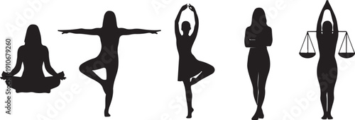 Silhouette of women in various yoga and balance poses