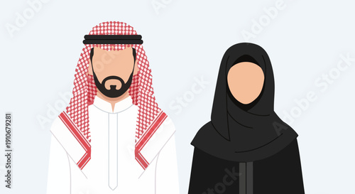 Middle Eastern couple wearing traditional clothing illustration.