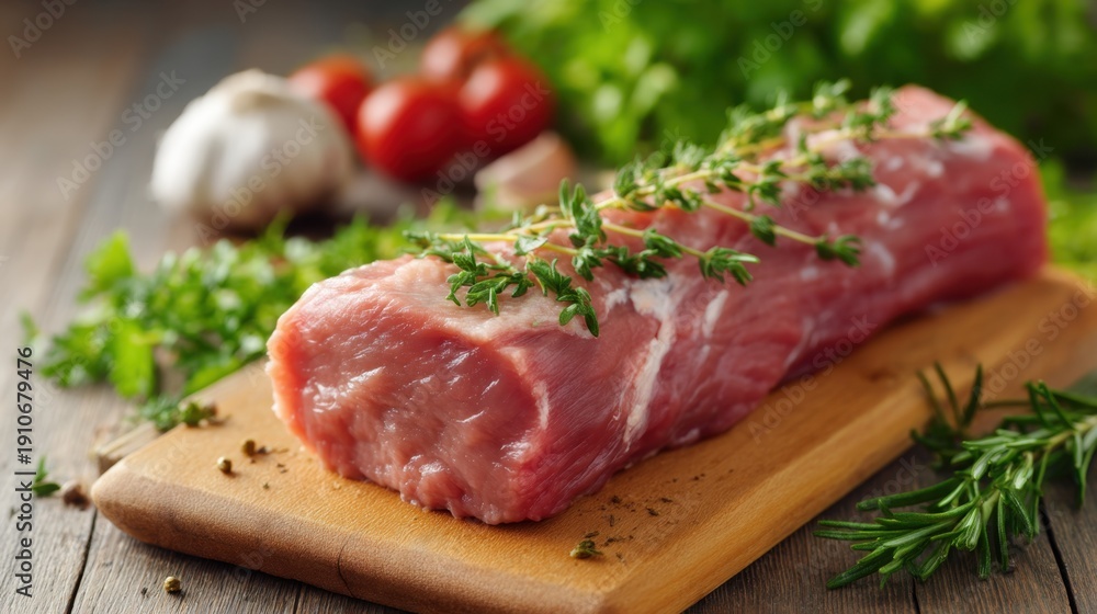 Fototapeta premium Fresh Raw Pork Tenderloin with Herbs and Vegetables on Wooden Cutting Board Surrounded by Garlic and Cherry Tomatoes in Rustic Kitchen Setting