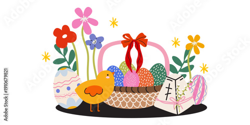 Happy Easter sticker in cartoon retro style. Spring floral elements, flowers, white rabbits, chicken, decorated festive eggs, baskets. Vector Spring holiday vector cute composition