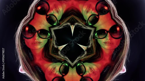 female looking at camera with glasses and spiral pattern