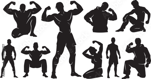 Silhouette of people posing in various fitness positions strongly