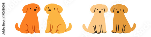 Set of four cute cartoon golden retriever puppies. Minimalist flat vector illustration in yellow and orange tones, isolated on white background.