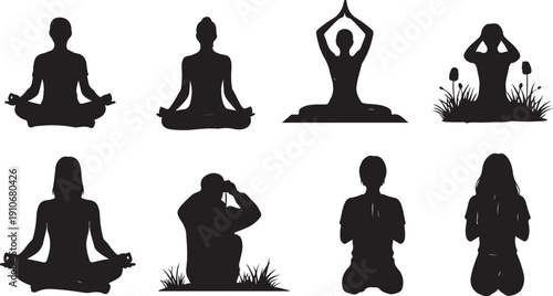 Yoga Silhouettes of People in Various Meditation Poses Outdoors