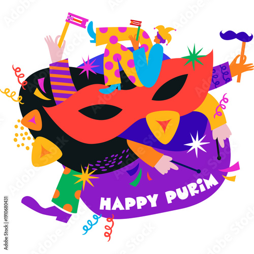 Happy Purim, poster with abstract geometric carnival elements. Modern bold design with splashes, speech bubbles, masks, crown and confetti. purim in hebrew
