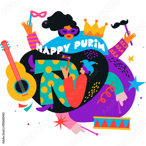 Happy Purim, poster with abstract geometric carnival elements. Modern bold design with splashes, speech bubbles, masks, crown and confetti. purim in hebrew