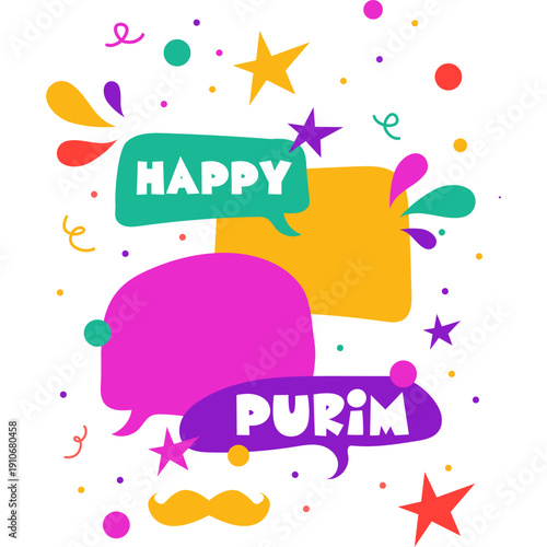 Happy Purim, poster with abstract geometric carnival elements. Modern bold design with splashes, speech bubbles, masks, crown and confetti. purim in hebrew