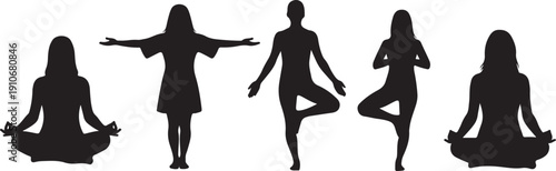 Silhouettes of women practicing yoga in various poses together
