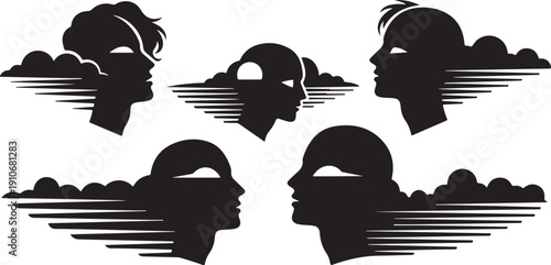 Silhouette profiles of people with varying hairstyles and expressions