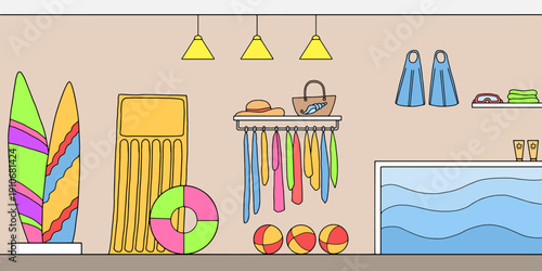 Beach store interior graphic color sketch illustration vector
