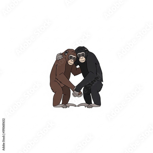 Two Bonobos Hugging or Holding Hands, Social Connection Flat Vector Illustration
