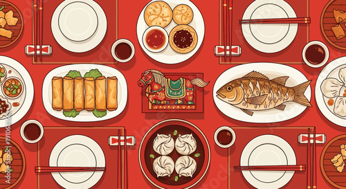 Reunion Dinner Table Top View Vector