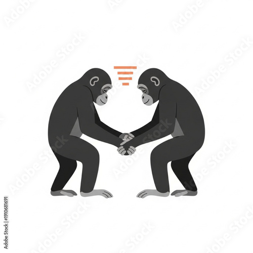 Two Bonobos Hugging or Holding Hands, Social Connection Flat Vector Illustration