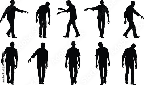 Collection of black zombie silhouettes in various walking and reaching poses for horror design, spooky halloween graphics, and undead character concepts.