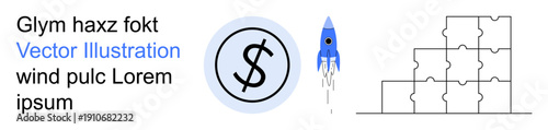 Business strategy, innovation, financial planning, growth potential, entrepreneurship, teamwork. Rocket launching, currency sign in circle puzzle blocks stacked. Business strategy and innovation