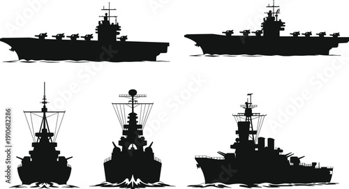 Military warship silhouettes collection, naval battleship and aircraft carrier vessels at sea isolated on white background illustration set
