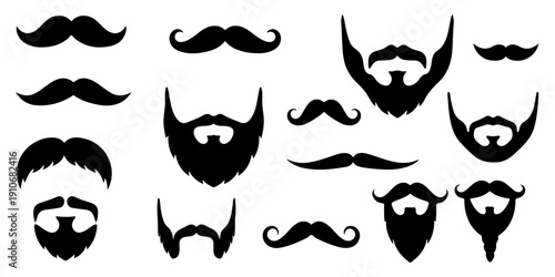 Set of various mustache and beard silhouettes for barber shop and male grooming concept isolated