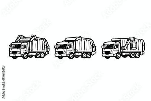 Set of three black and white cartoon garbage trucks vector illustration