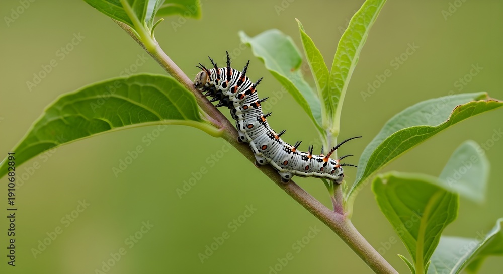 Fototapeta premium Close up of a white caterpillar on a plant stem