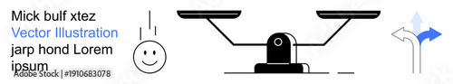 Decision-making, legal balance, happiness, direction, equality, navigation. A weighing scale, a happy face and a directional arrow. Decision-making and balance concept for business or personal
