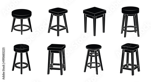 A collection of black bar stools and counter stools in various styles