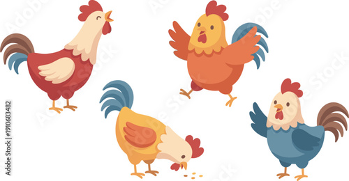 Colorful cartoon chickens and roosters illustration.
