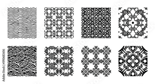 Collection of eight black and white geometric patterned square tiles