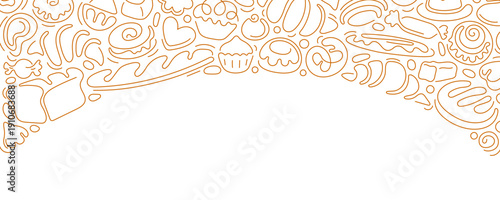 Bakery line bg. Bread, croissant, cake drawn sign