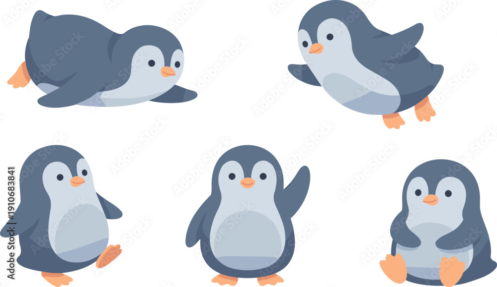Fototapeta premium Cute cartoon penguins in various poses.