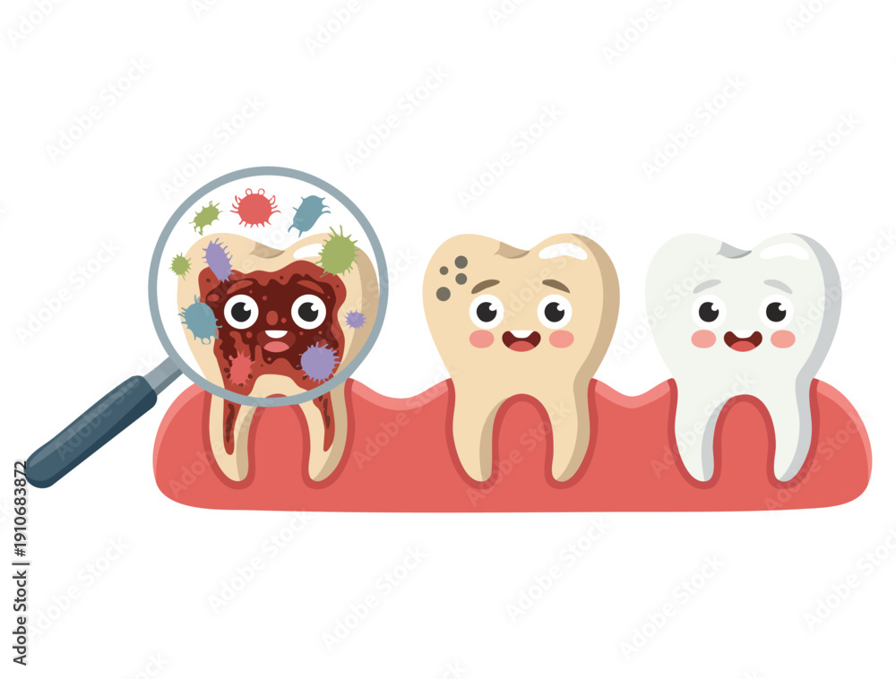 Obraz premium Vector illustration of dirty smelly teeth cartoon character examined with magnifying glass on white background ideal for dental hygiene awareness designs