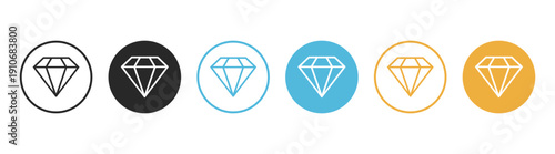 Diamond gemstone round icon set in line and solid styles blue yellow and black vector badges of luxury crystal symbols isolated on transparent background