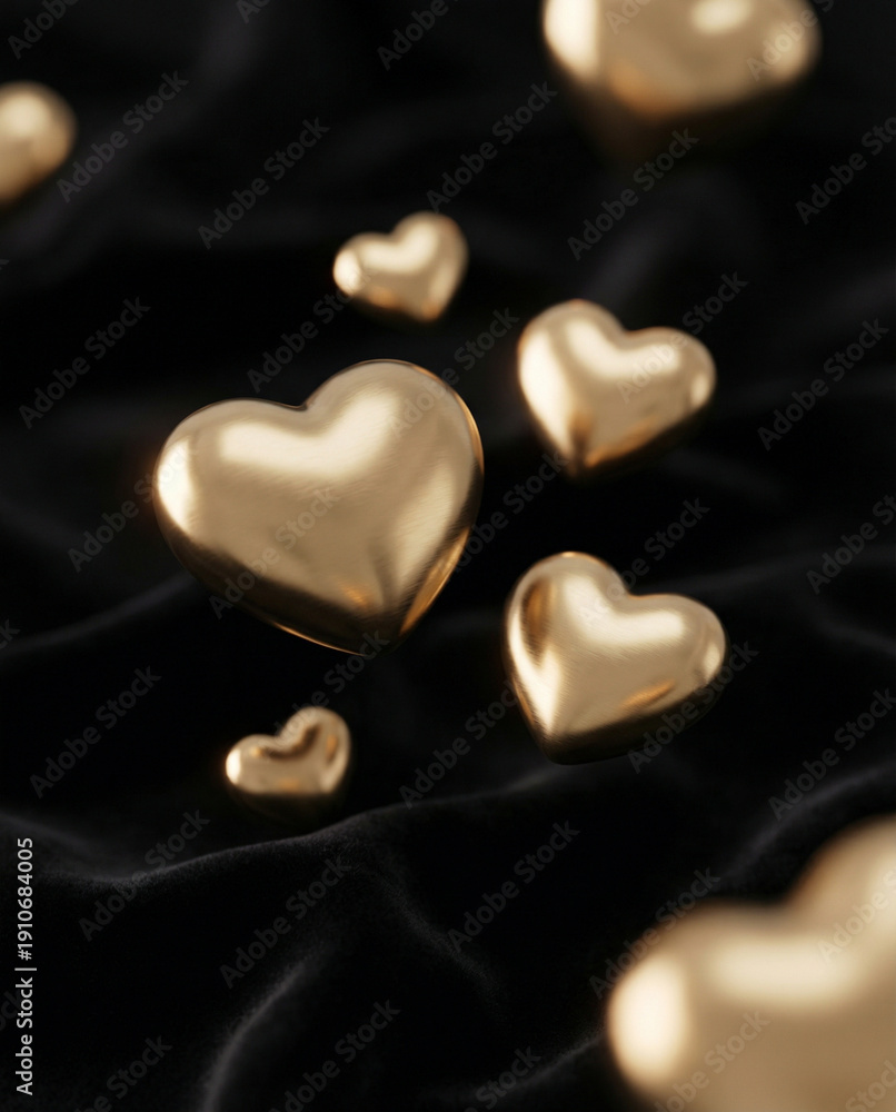 Fototapeta premium Elegant 3D golden hearts levitating over black velvet fabric background