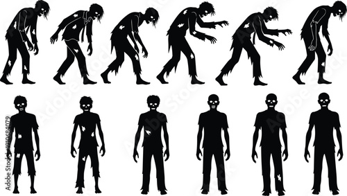 Horror Zombie Silhouette Collection Set featuring Creepy Walking Dead Undead Ghouls and Scary Monster Figures Isolated on White Background for Halloween Apocalyptic Design Projects