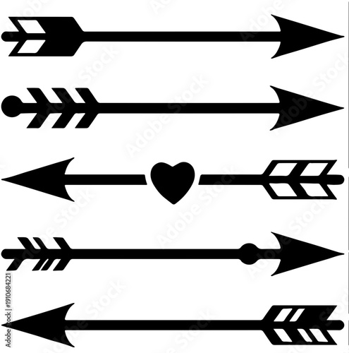 Set of tribal love arrows, boho style directional pointers with heart and feather elements isolated on white
