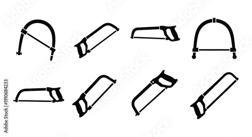 Collection of black and white hand saw icons in various positions
