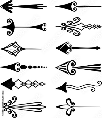 Set of vintage tribal arrows, decorative ethnic boho style bow arrows vector illustration isolated on white