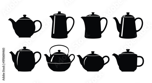 Black silhouette collection of various teapots and kettles