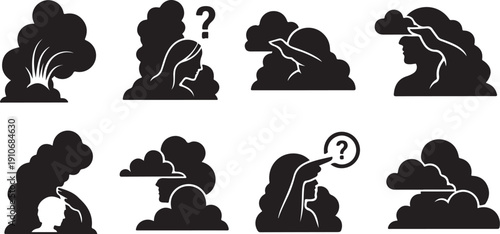 Collection of volcano eruption icons in black and white