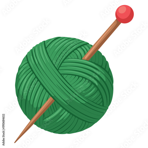 Vector illustration of green wool yarn ball with knitting needle perfect for knitting craft handmade textile and hobby themed designs