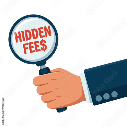 Vector illustration of hidden fees text under magnifying glass representing business fees taxes concept and hidden costs revealed symbol design