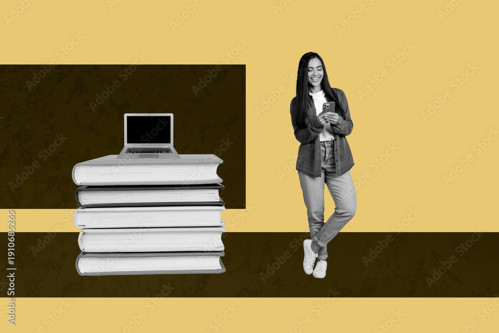 Obraz premium Composite poster image art collage of happy girl student stand pc monitor book education elearn study freelancer worker magazine