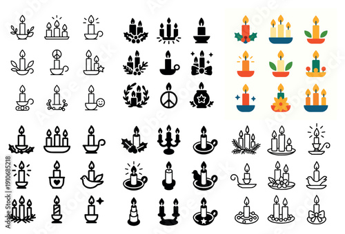 Festive candle icon collection in various styles
