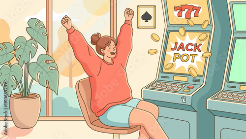 Excited woman celebrating big jackpot win on slot machine in casino. Lucky winner with raised hands and falling coins. Flat vector illustration.