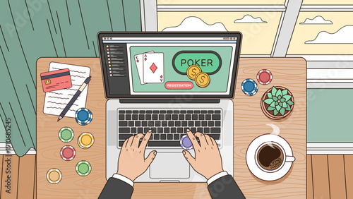 Top view of person playing online poker on laptop at desk with chips and credit card. Online gambling and betting concept. Flat vector illustration.