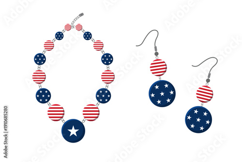 American Patriotic Jewelry Set with Necklace and Earrings in Red, White, and Blue Design