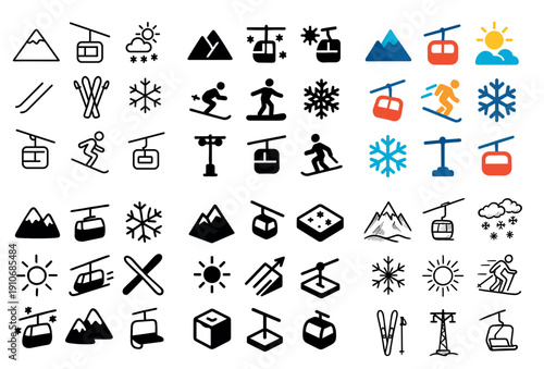 Winter sports and ski resort icon set