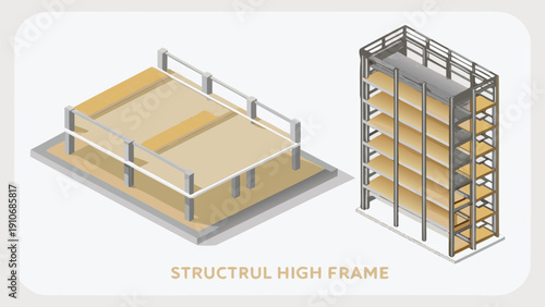 Isometric 3D steel building frames, structural high rise construction, architectural metal scaffolding, for mockup or architectural presentation, Isolated on transparent background, png